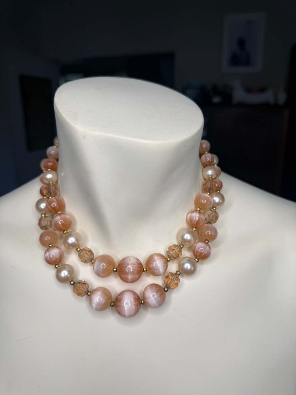 Vintage Coro Double Strand Peach Moiré Cat's Eye Bead and Faux Pearl Necklace